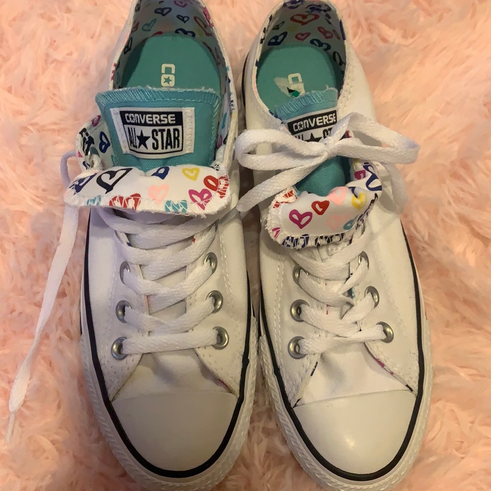 Never worn white double tongue converse shoes.